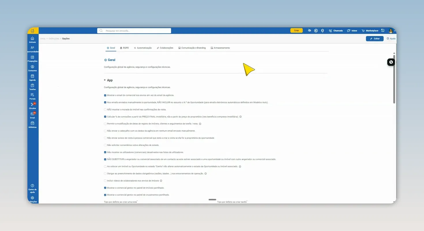 Página de opções gerais do Imovila com lista de configurações