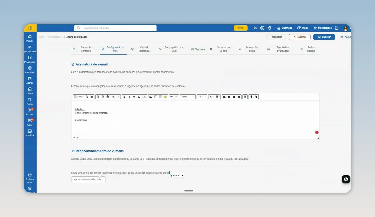 Secção de reencaminhamento de e-mails abaixo do editor da assinatura, com o campo de endereço selecionado
