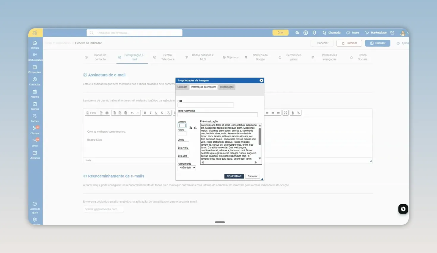 Janela de inserção de imagem aberta sobre o editor da assinatura, com campos de configuração