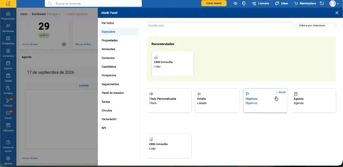 Dashboard de Inmovilla con varios paneles de indicadores y gráficos circulares