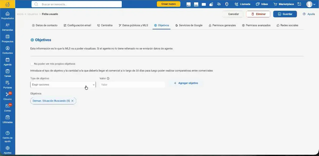 Pantalla de objetivos de usuario en Inmovilla con el desplegable de tipo de objetivo abierto