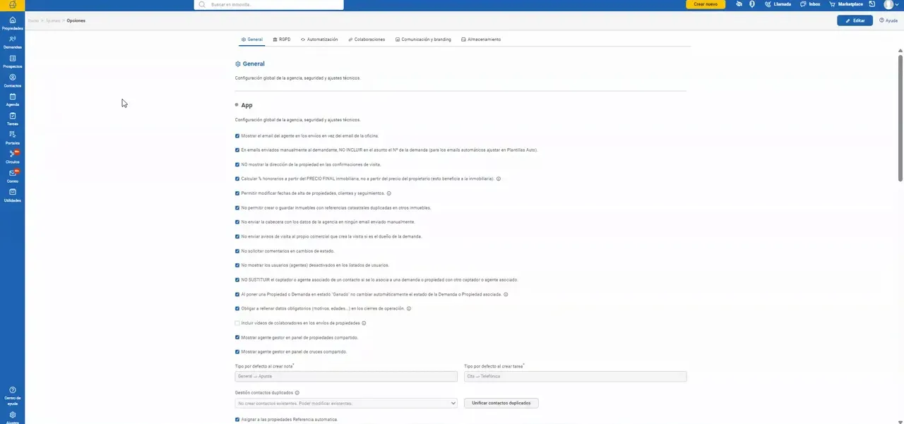 Página de opciones de configuración de Inmovilla con una lista de ajustes generales