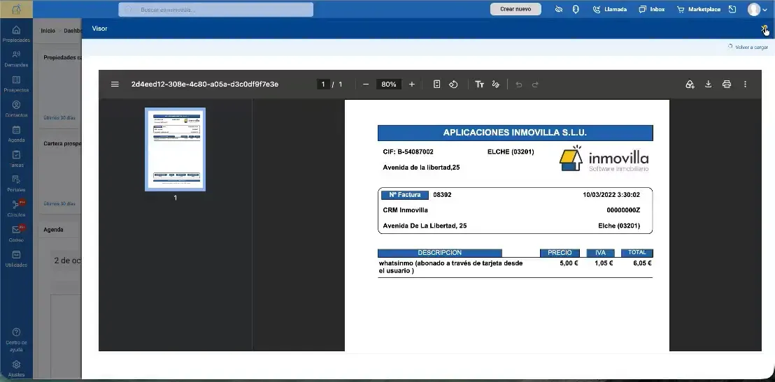 Visor PDF de Inmovilla con una factura abierta y una miniatura del documento a la izquierda