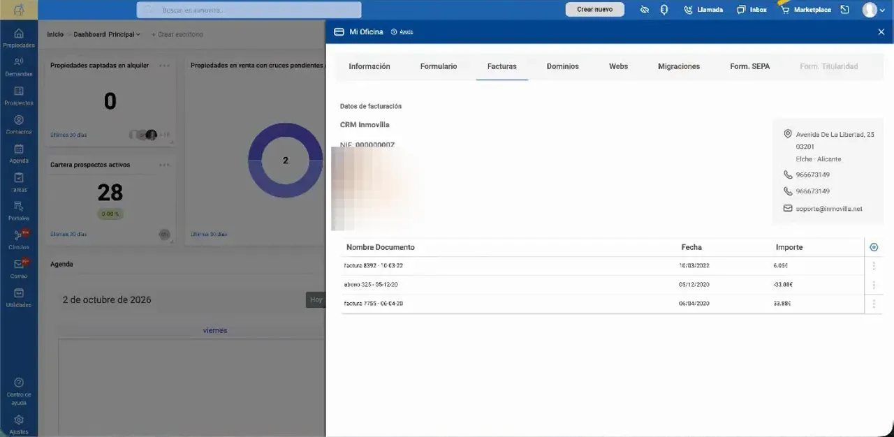 Panel Mi oficina de Inmovilla con la pestaña Facturas y un listado de documentos