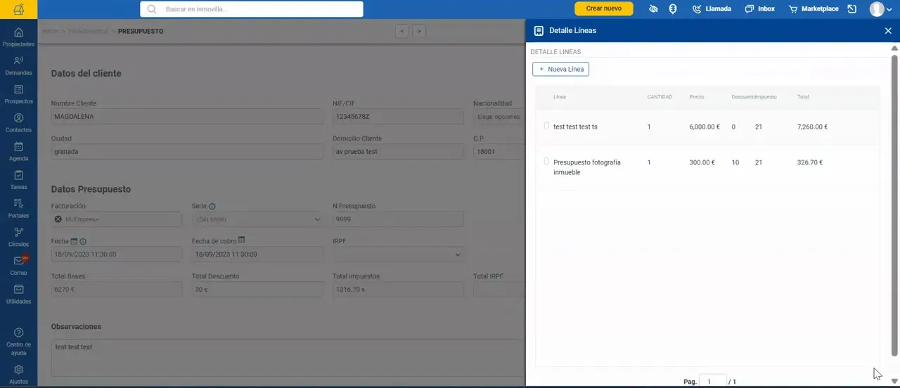 Panel de detalle de líneas con un concepto añadido a un presupuesto