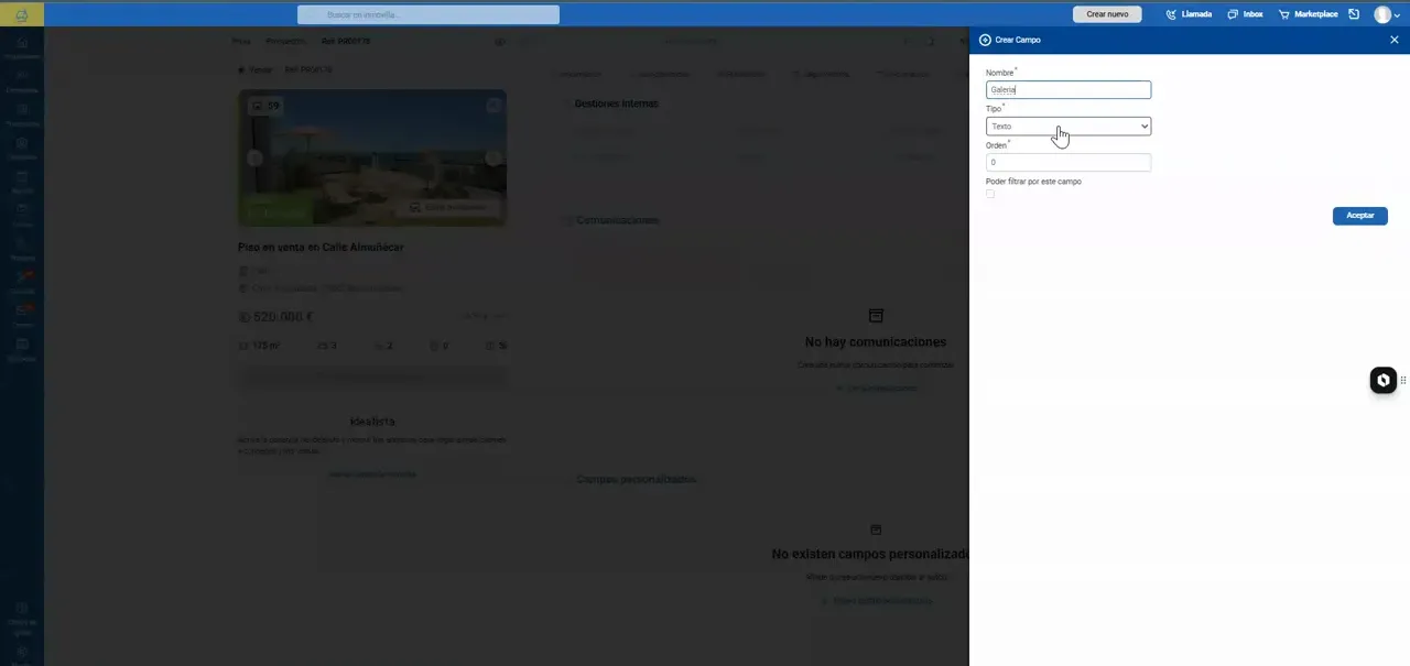 Formulario lateral para crear un campo personalizado con selector de tipo