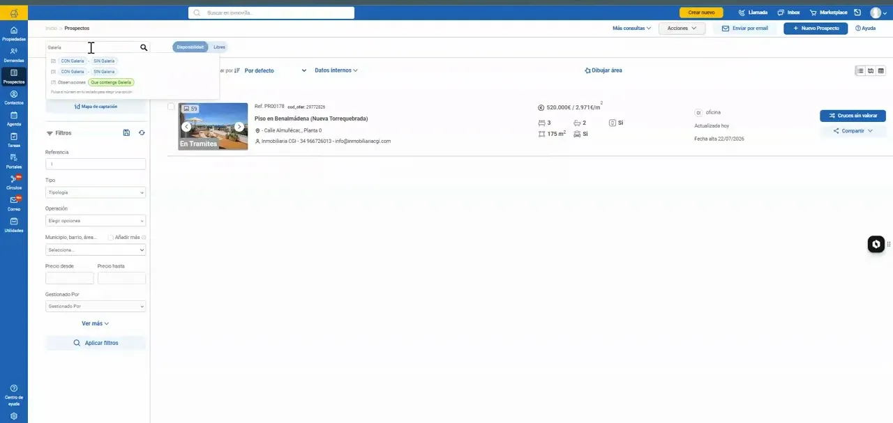 Listado de propiedades con filtro personalizado aplicado en el panel lateral