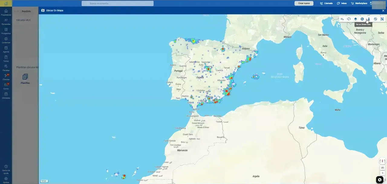 Mapa de España y el Mediterráneo mostrado en el panel de Immovilla