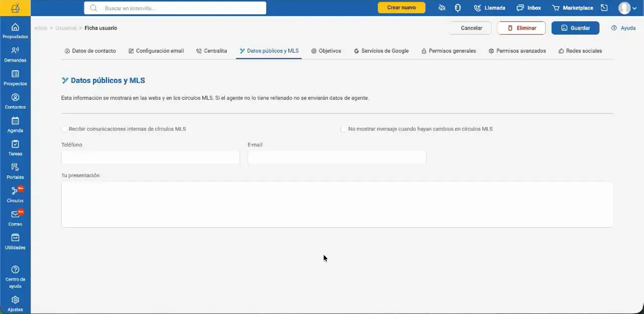 Pantalla de Inmovilla con la pestaña Datos públicos y MLS de una ficha de usuario
