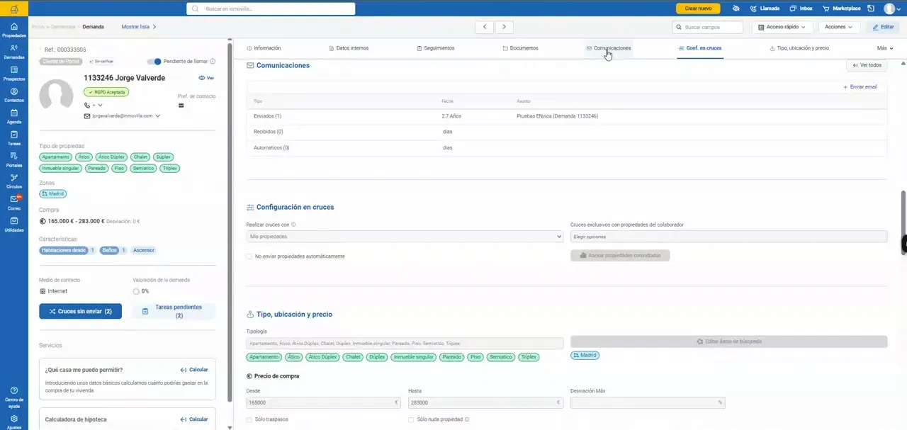 Ficha de demanda de Inmobili con pestañas superiores y datos del contacto