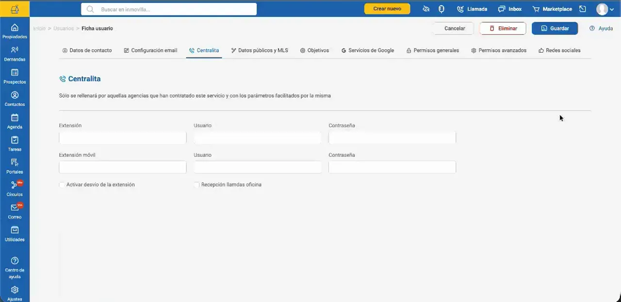 Ficha de usuario de Inmovilla con la pestaña Centralita abierta y campos de configuración
