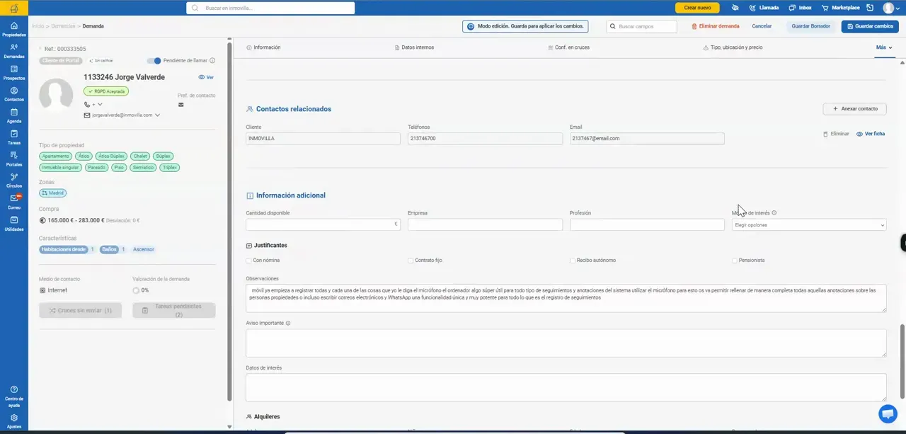 Ficha de demanda con un contacto relacionado visible en la sección central