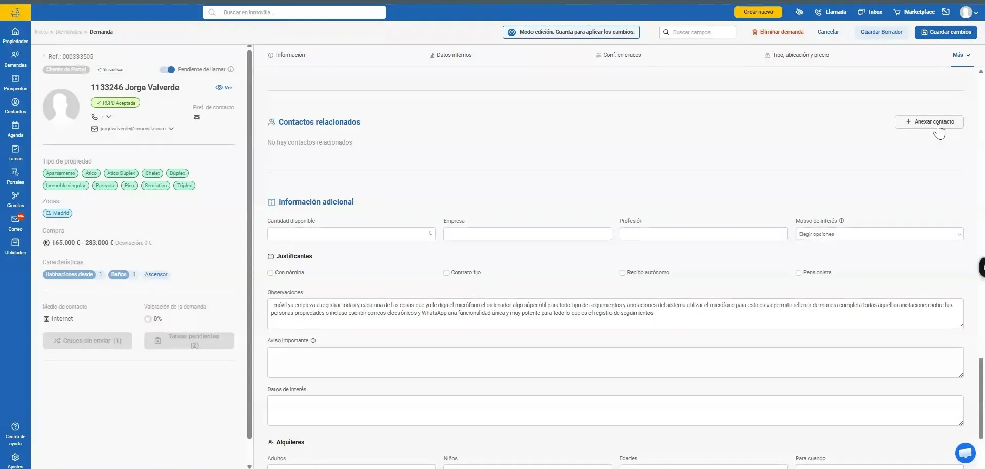 Ventana de selección de contactos abierta sobre la ficha de una demanda