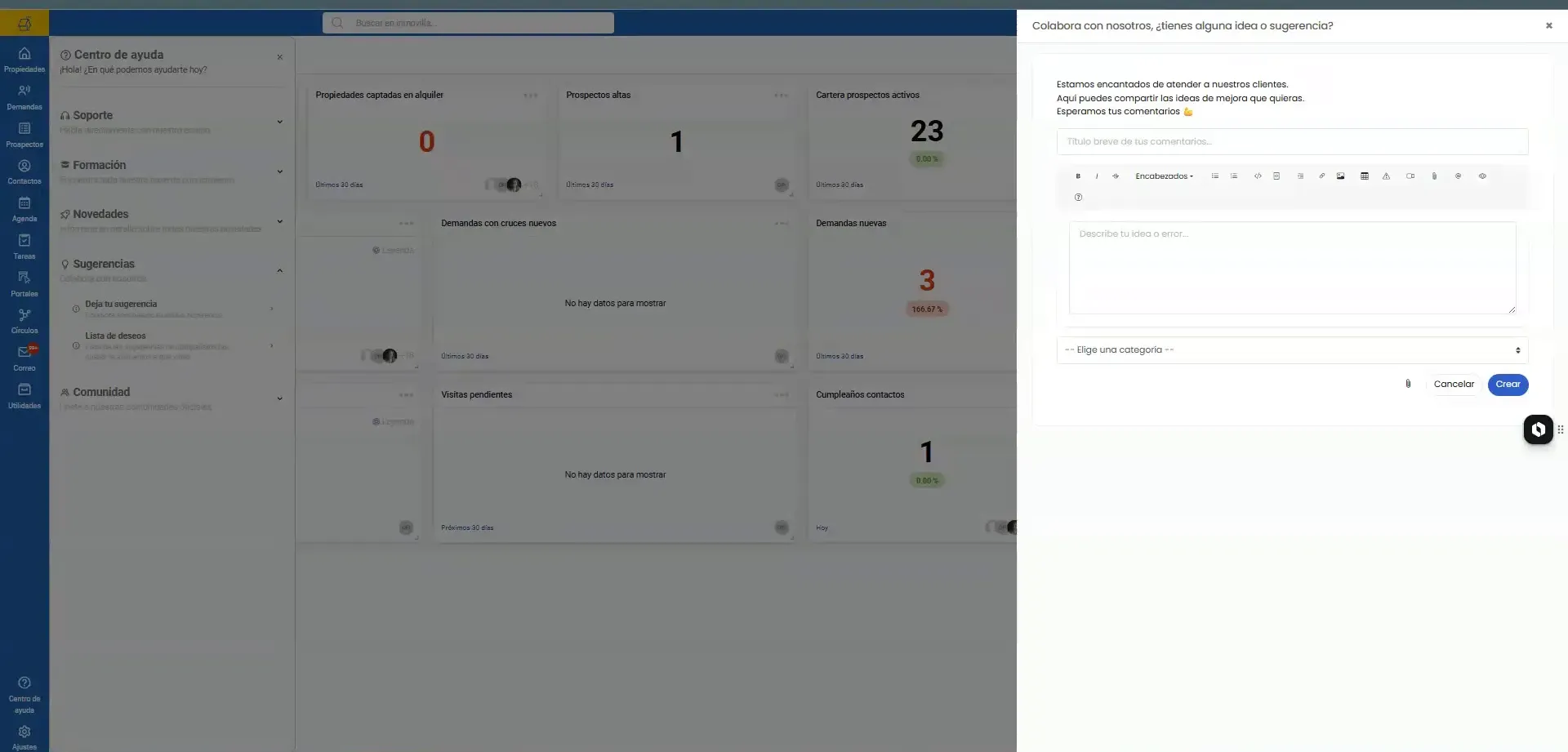 Panel lateral con una lista de sugerencias y opciones de voto