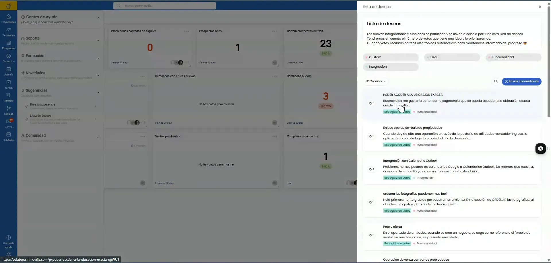 Panel lateral con formulario para redactar una sugerencia de mejora