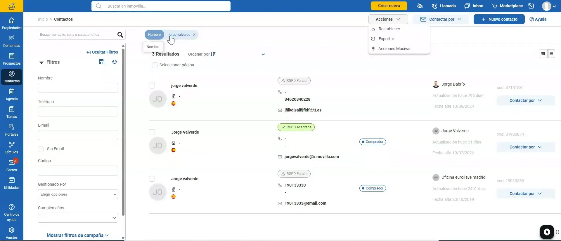 Listado de contactos con opciones de acciones