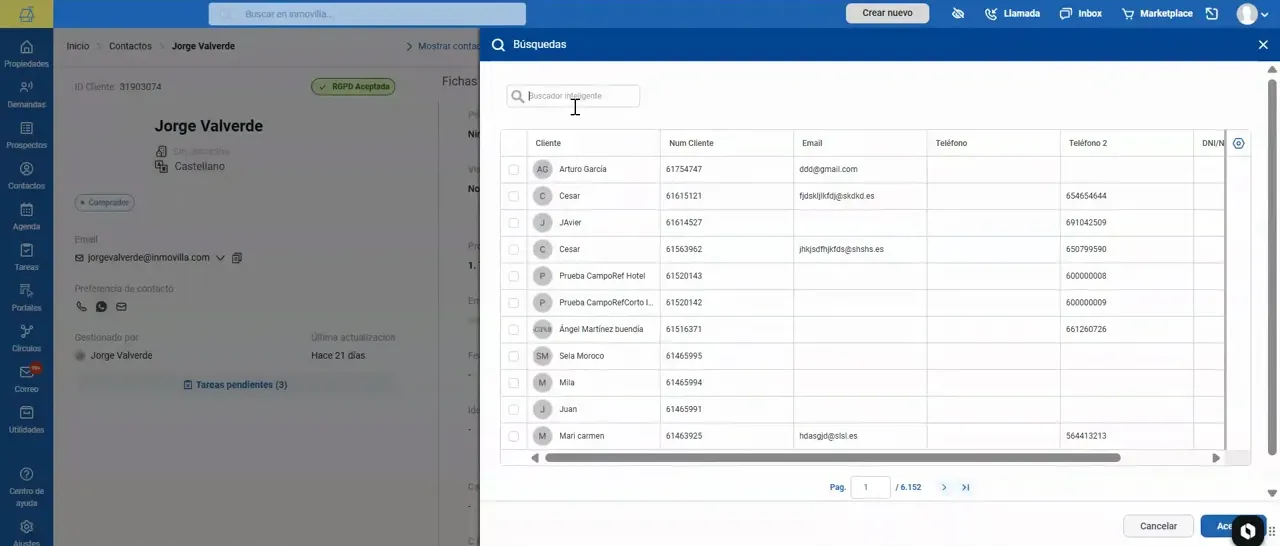Ventana de búsqueda con listado de contactos para seleccionar una unificación