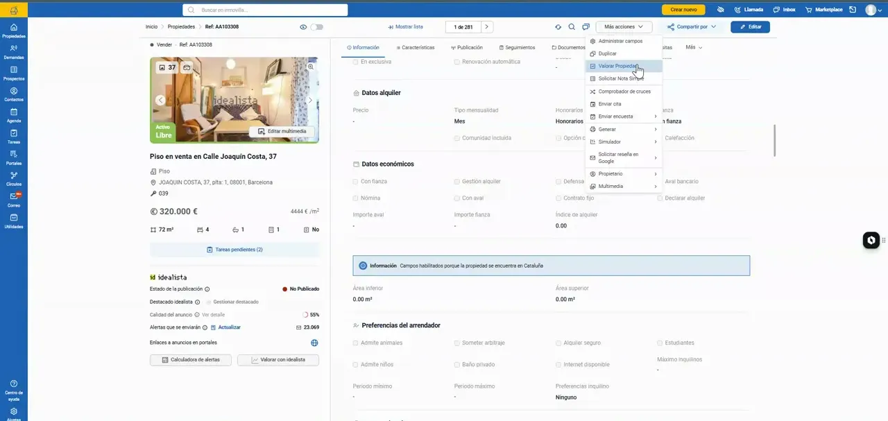 Ficha de una propiedad con el menú Más acciones desplegado