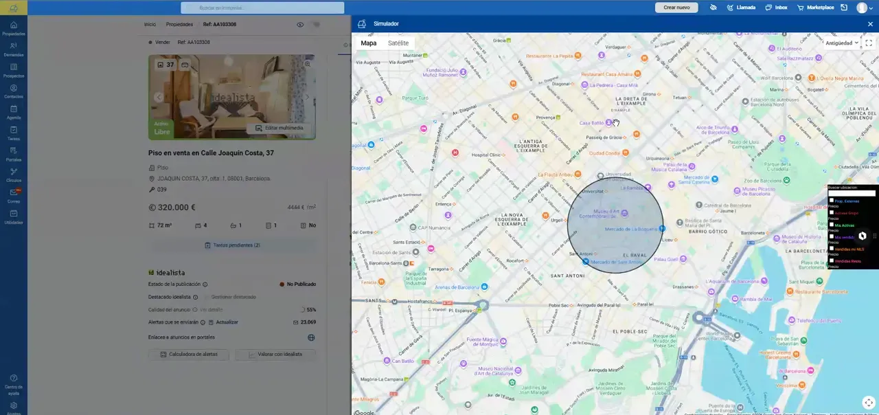 Mapa de zona con un círculo de análisis alrededor de la propiedad