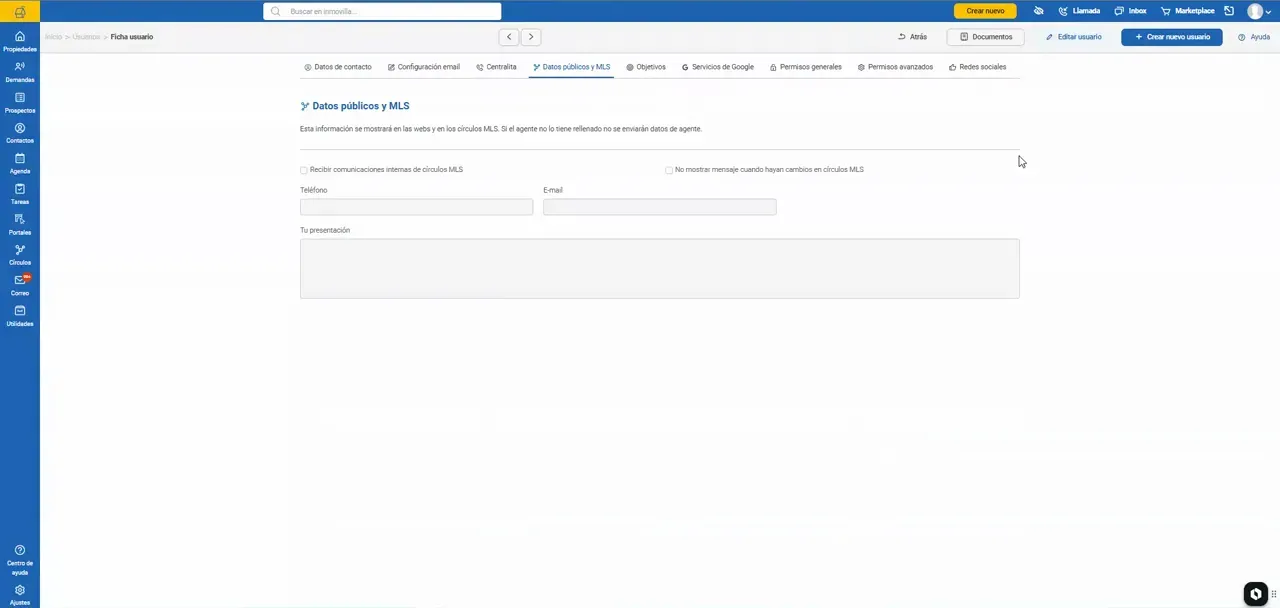 Pantalla de configuración de datos públicos y MLS de un usuario en Inmovilla