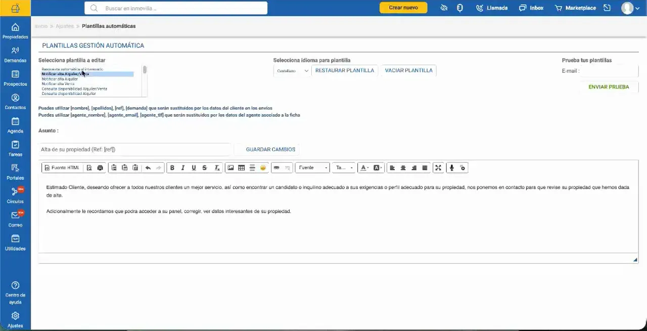 Pantalla de plantillas automáticas con listado de comunicaciones y editor de texto