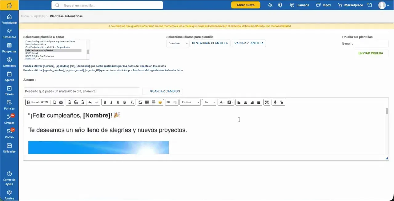 Editor de plantilla automática mostrando una imagen de cumpleaños