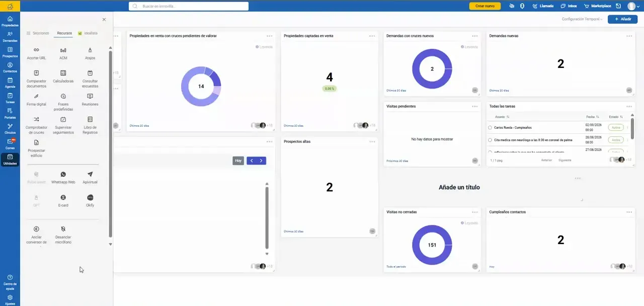 Panel de Inmovilla con barra lateral izquierda y menú de utilidades desplegado