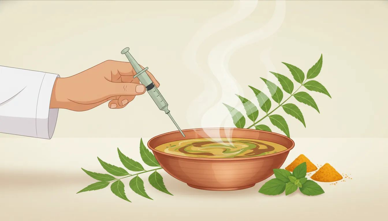 Ilustración serena que representa la terapia ayurvédica basti con preparación herbal y contexto clínico-higiénico, sin texto