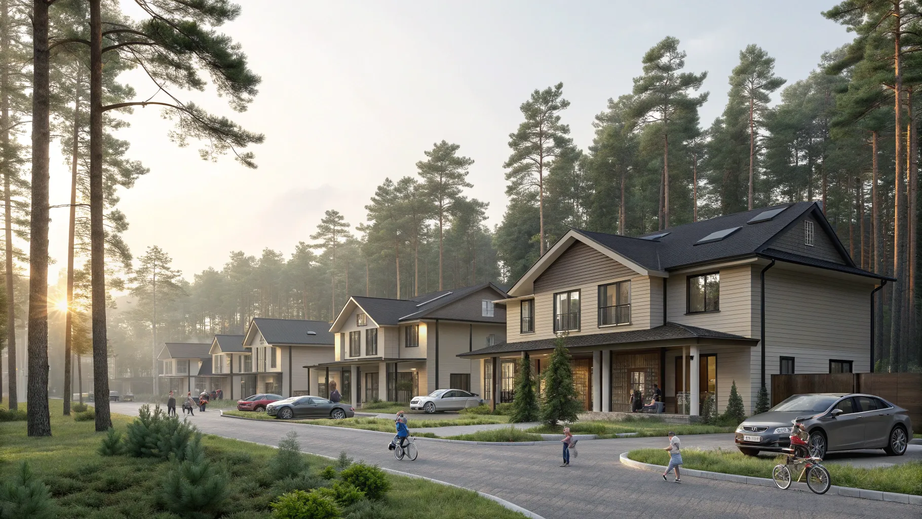 名東区の新築ファミリー向け賃貸外観。モダンな3LDK戸建が並び、各棟前に2台分の駐車スペース、敷地内に森林浴のような共用緑地がある朝の風景。子どもが芝で遊ぶ様子。