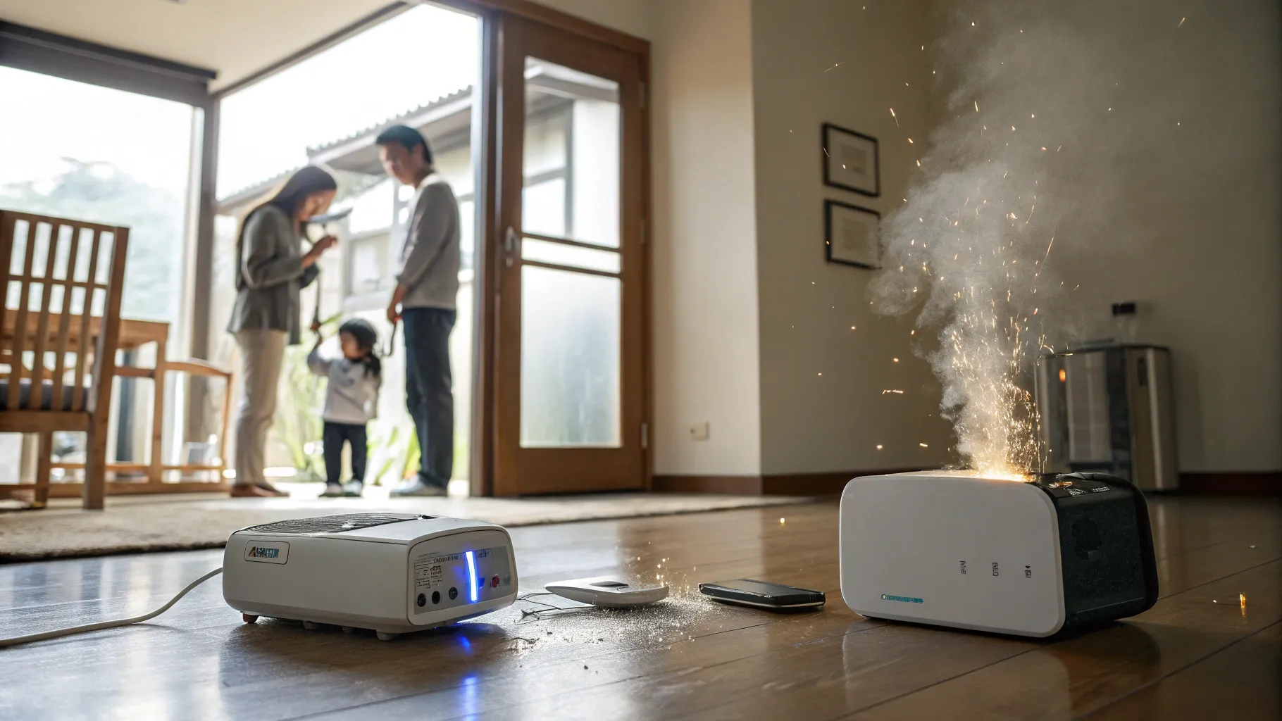 感震ブレーカーが作動して倒れた家電の通電火災を防ぐ場面。リビングで倒れたトースターから小さな火花が出るが、壁の感震ブレーカーの青い光の盾が通電の広がりを遮っている。家族が安全な場所にいる様子も写る。