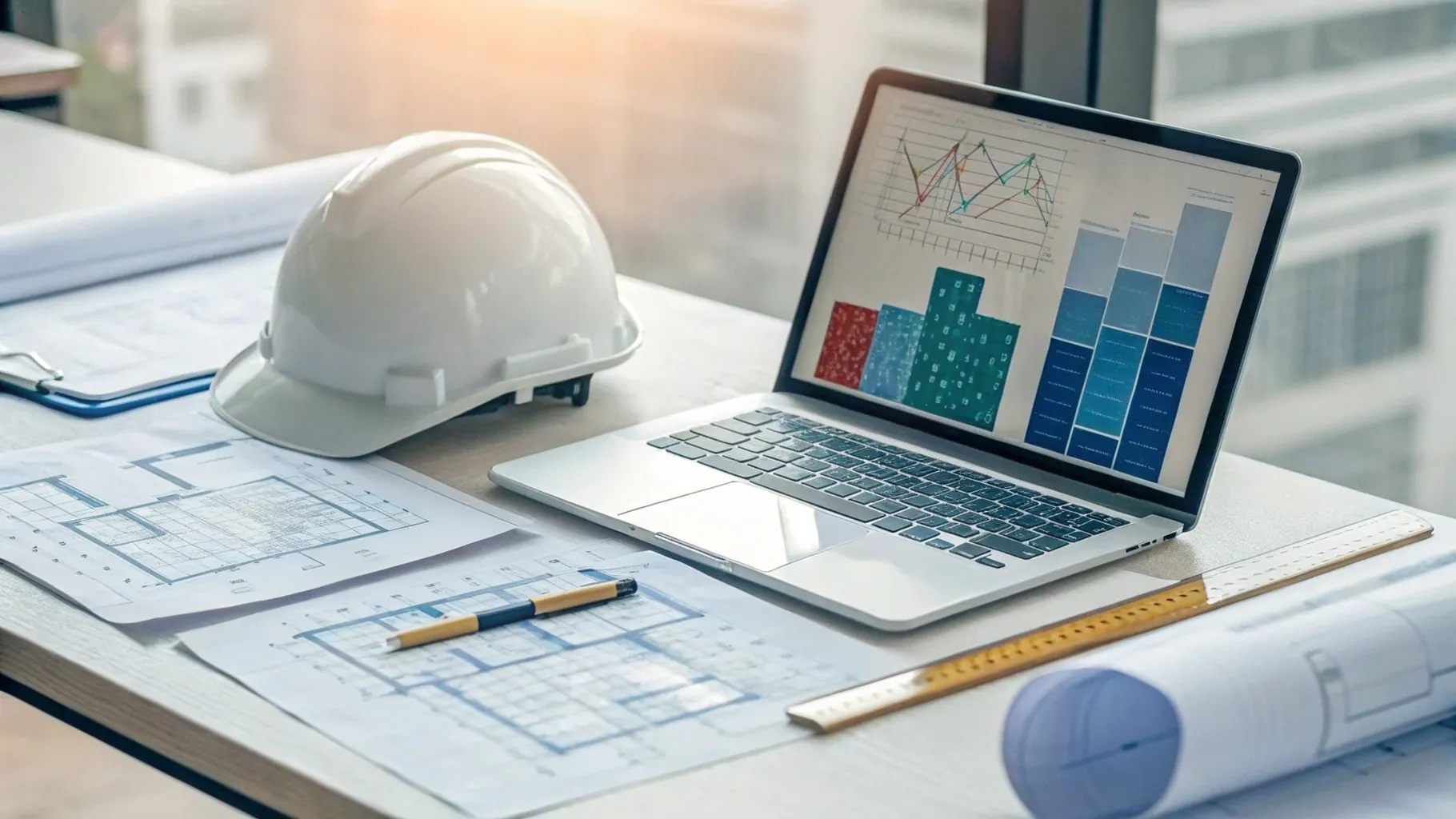 建築業向けAI記事診断ツールの概念イメージ。ノートパソコンに表示されたウェブ記事の視覚化とHTMLブロック、隣にタブレットの分析チャート、設計図、ヘルメット、メジャーが置かれ、ホログラフィックの採点カードやチェックマーク、上向きの矢印が重なって記事品質改善とSEO・AEO最適化を示す。文字なし。