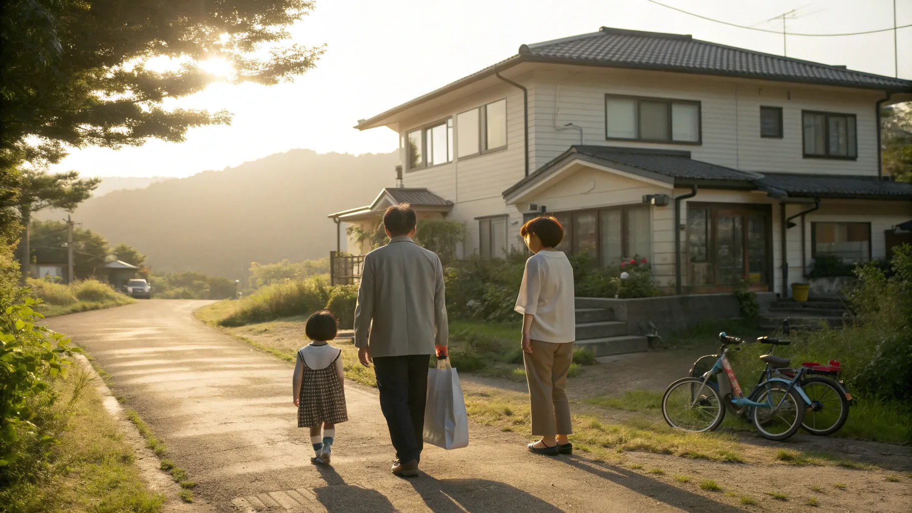 田舎の分かれ道で考える家族。天秤にかけられた重さのある大きな家と、芽吹く庭や家族の暮らしを象徴する小さな家が対比され、35年住宅ローンと家族の価値観、家づくりの選択を示す温かい風景。