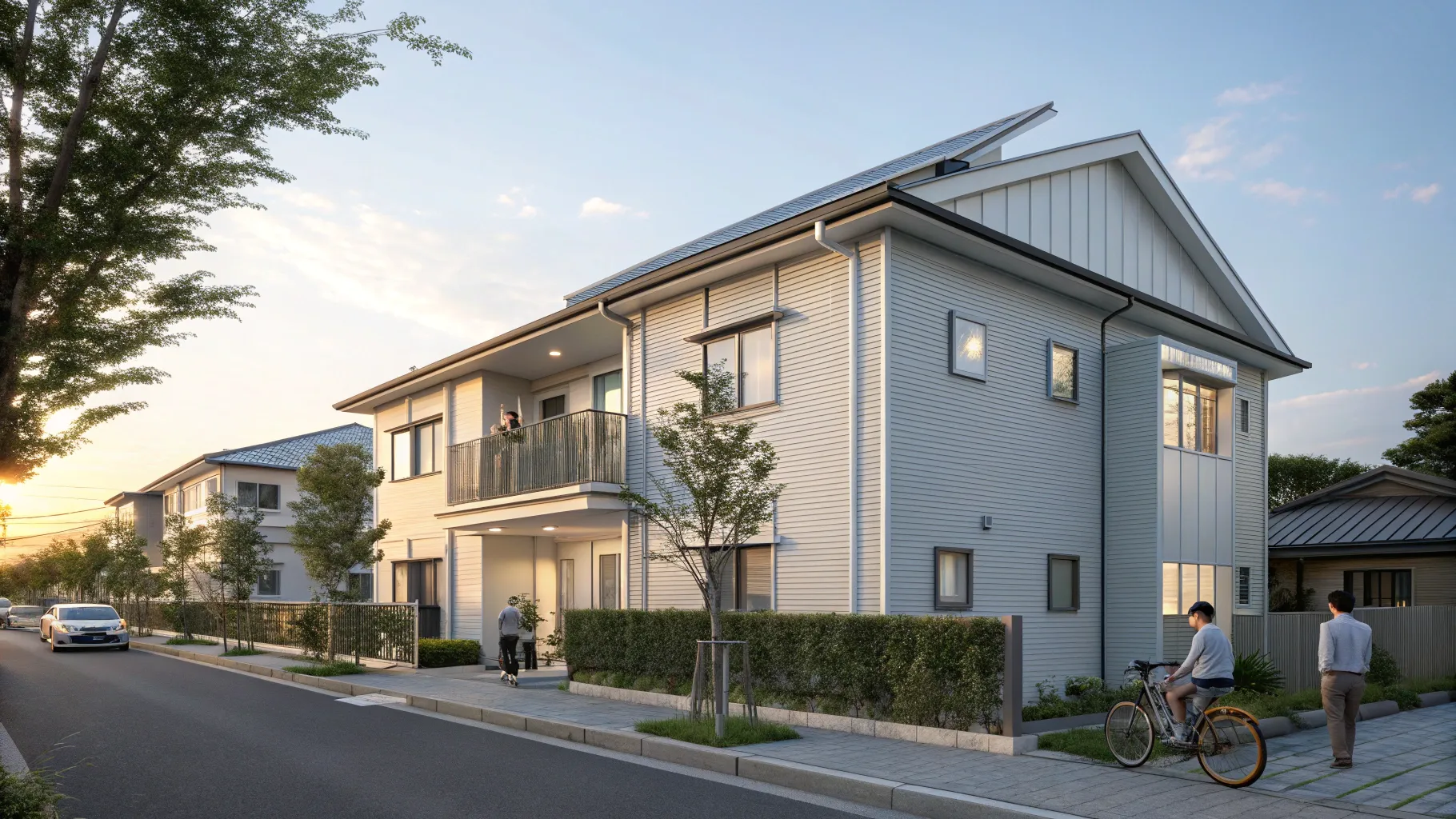 屋根に太陽光パネル（PPAモデル）を載せ、ガルバリウム鋼板の外壁が際立つ新築3LDK賃貸住宅。手前に若い共働きファミリーが歩く、名古屋市千種区富士見台の落ち着いた住宅街の外観写真風イメージ。