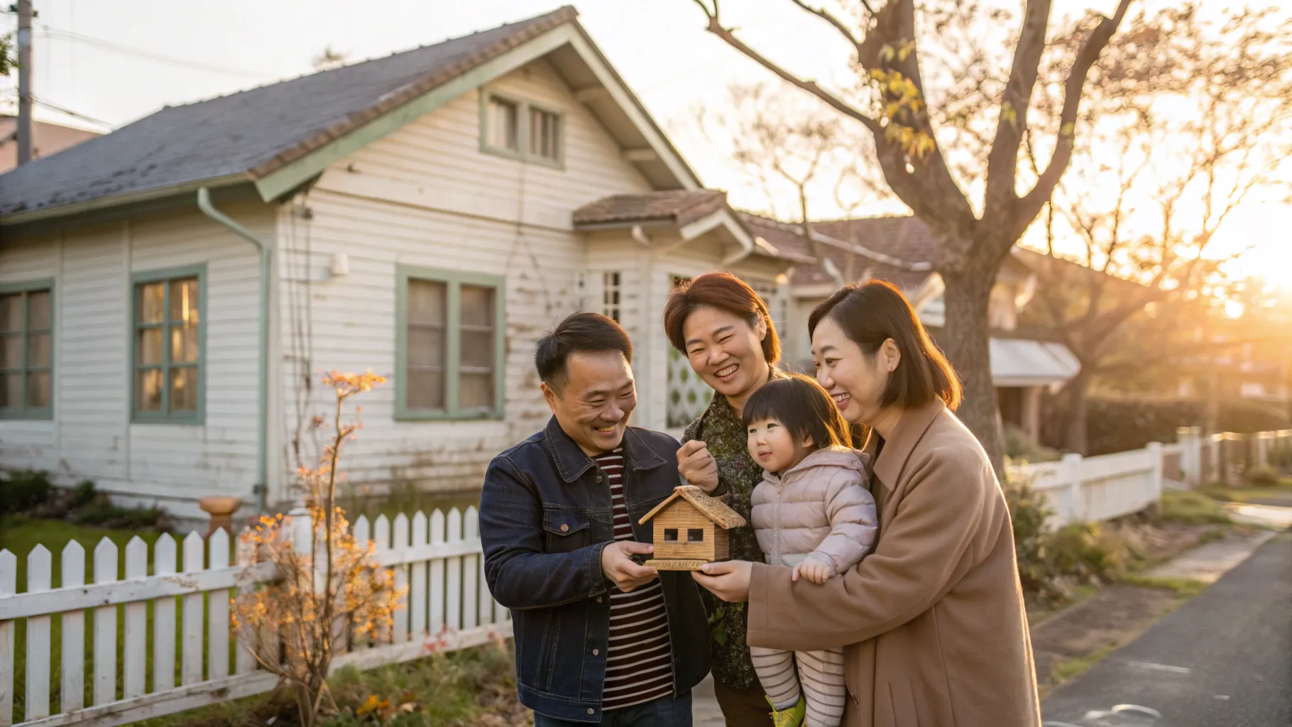 贈与型賃貸で中古住宅の鍵と家の模型を親から受け取る若い家族と笑顔の祖父母、郊外の家の前で安心と支援を示す温かな情景