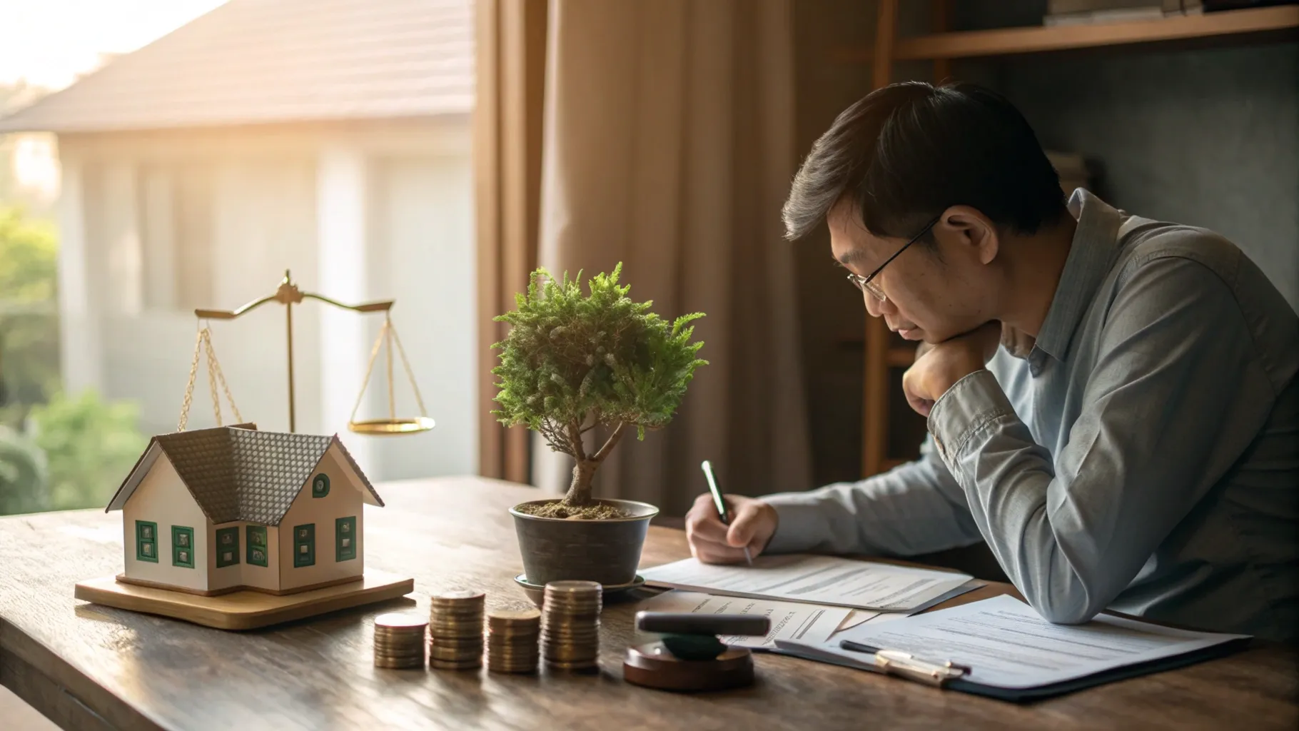 窓辺の机で考える30代の男性。家の模型と家族の人形が乗った天秤と、コインや住宅ローン書類が対比され、住宅ローンと家族の暮らしのバランスを象徴する穏やかな朝の室内風景。