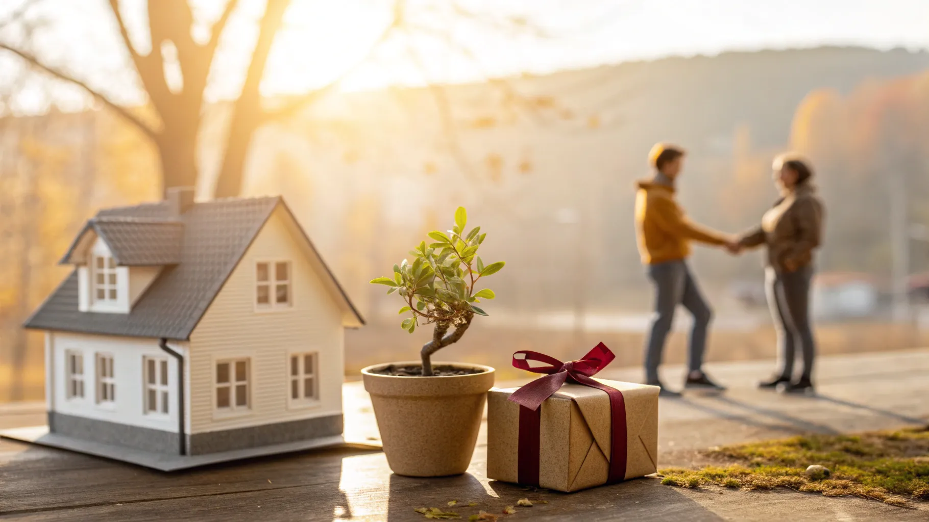 贈与型注文戸建賃貸を表す温かいイラスト。事務所前の鉢植えのゼラニウム、地主と入居者がリボンで包まれた家の模型と鍵を受け渡す場面、背景に四季とともに変化する同じ家の流れが描かれている