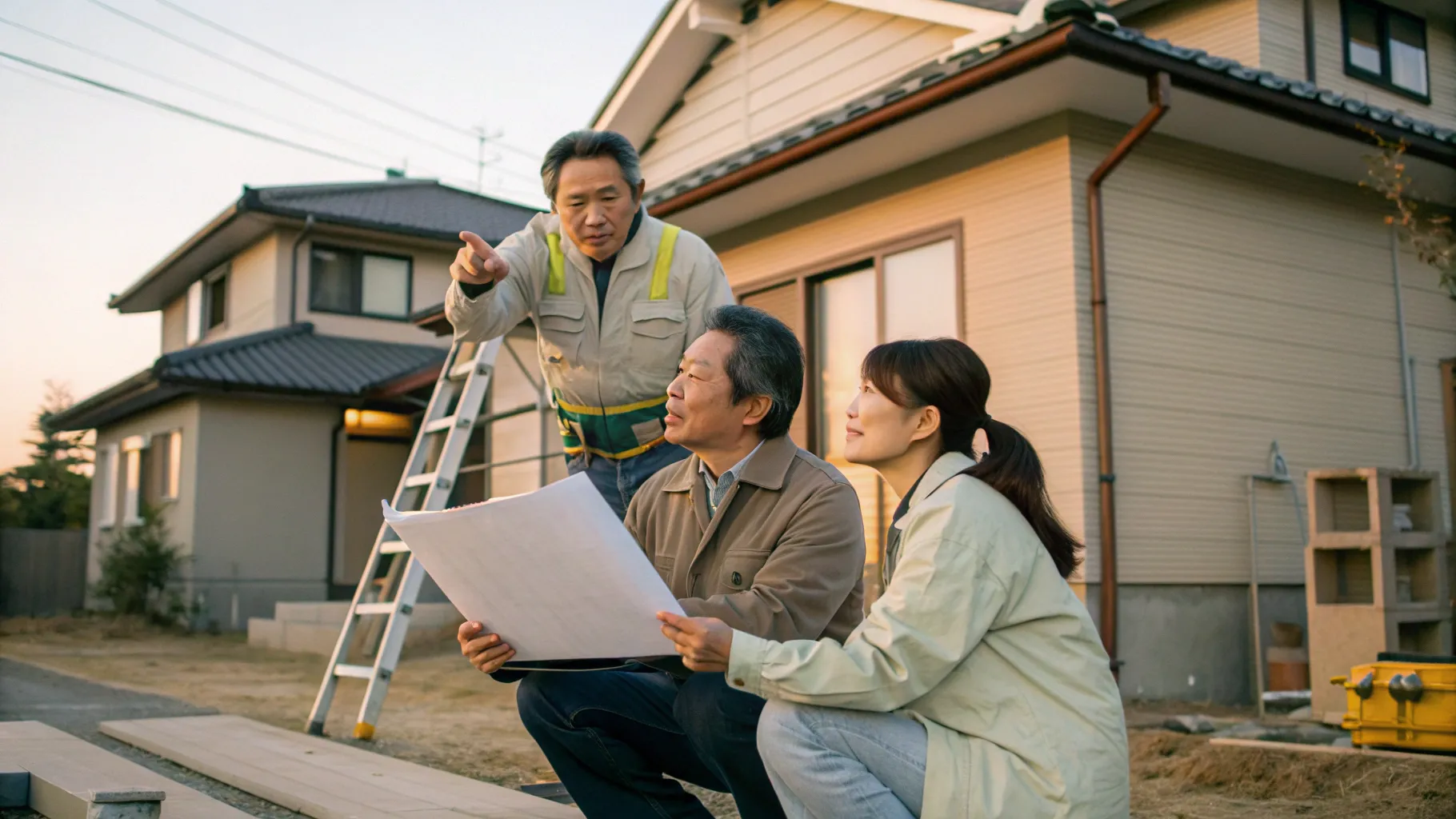 建築会社の社長が住宅の前で顧客に修繕プランを説明し、信頼と安心を伝える現場の相談シーン（写真風）