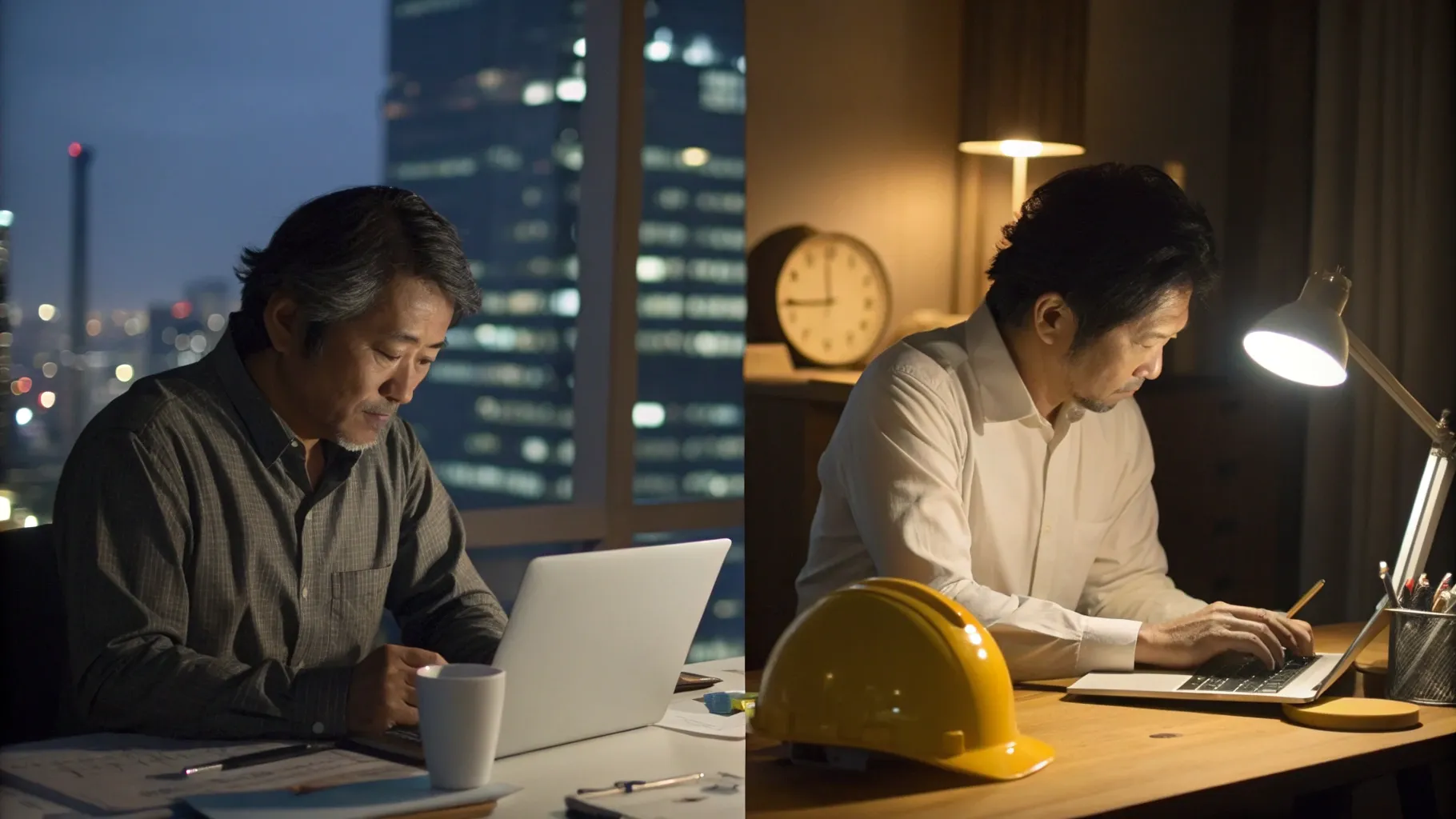 深夜に自ら執筆に追われる社長と、AIとチームに業務を委任して指揮する社長を対比したビジュアル。建設現場の図面やヘルメット、ホログラフィックAI、決断に集中する姿を描く。