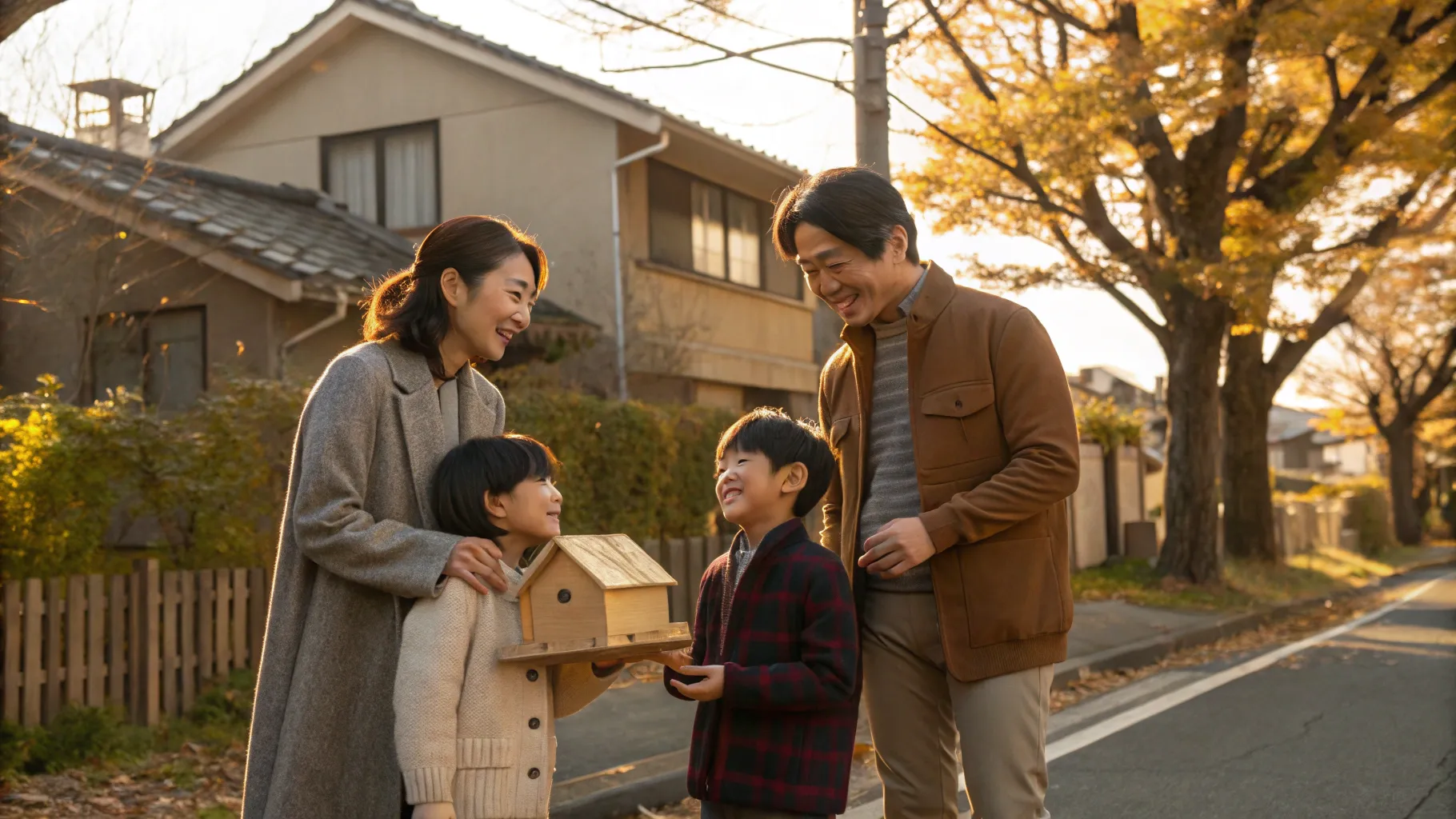 秋の並木道で、中古一戸建てを背景に祖父母が鍵と小さな家の模型を贈り、安心した表情の30代の夫婦と小学生の子ども二人が微笑む場面（贈与型賃貸のイメージ）