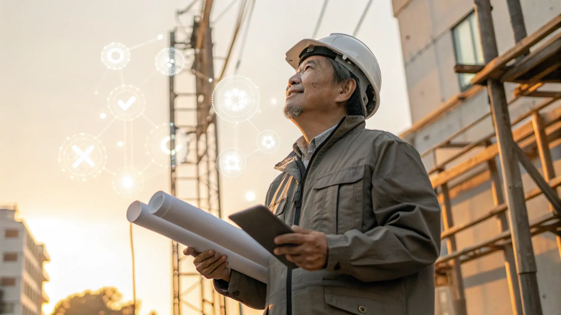 ヘルメットをかぶった中小建築社長が図面とタブレットを手に、文字のないホログラム状のAIインターフェースを見つめる写真風イメージ。現場経験をAIが引き出して戦略化する転機を表現。