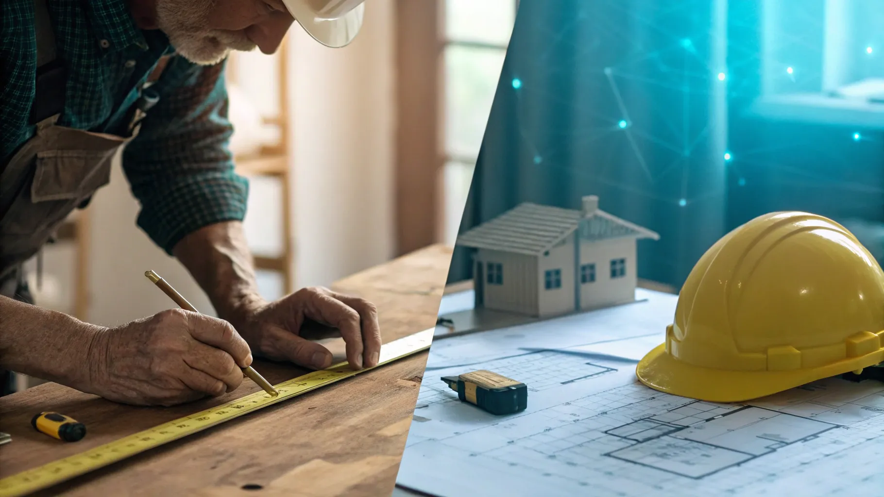 職人の手と作業道具が並ぶ作業台と、ホログラムのAI戦略図が対比された分割構図。中小建築会社の技術力とデータ駆動の戦略転換を表現するビジュアル