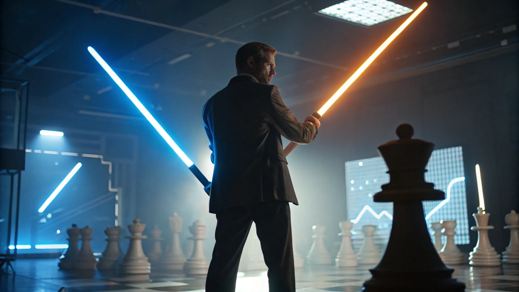 社長のシルエットが二本の光る剣を構え、左にホログラムの地図やチェス駒など戦略のビジュアル、右に電話の波形や流れるコンテンツが広がる未来的なAIマーケティングの光景