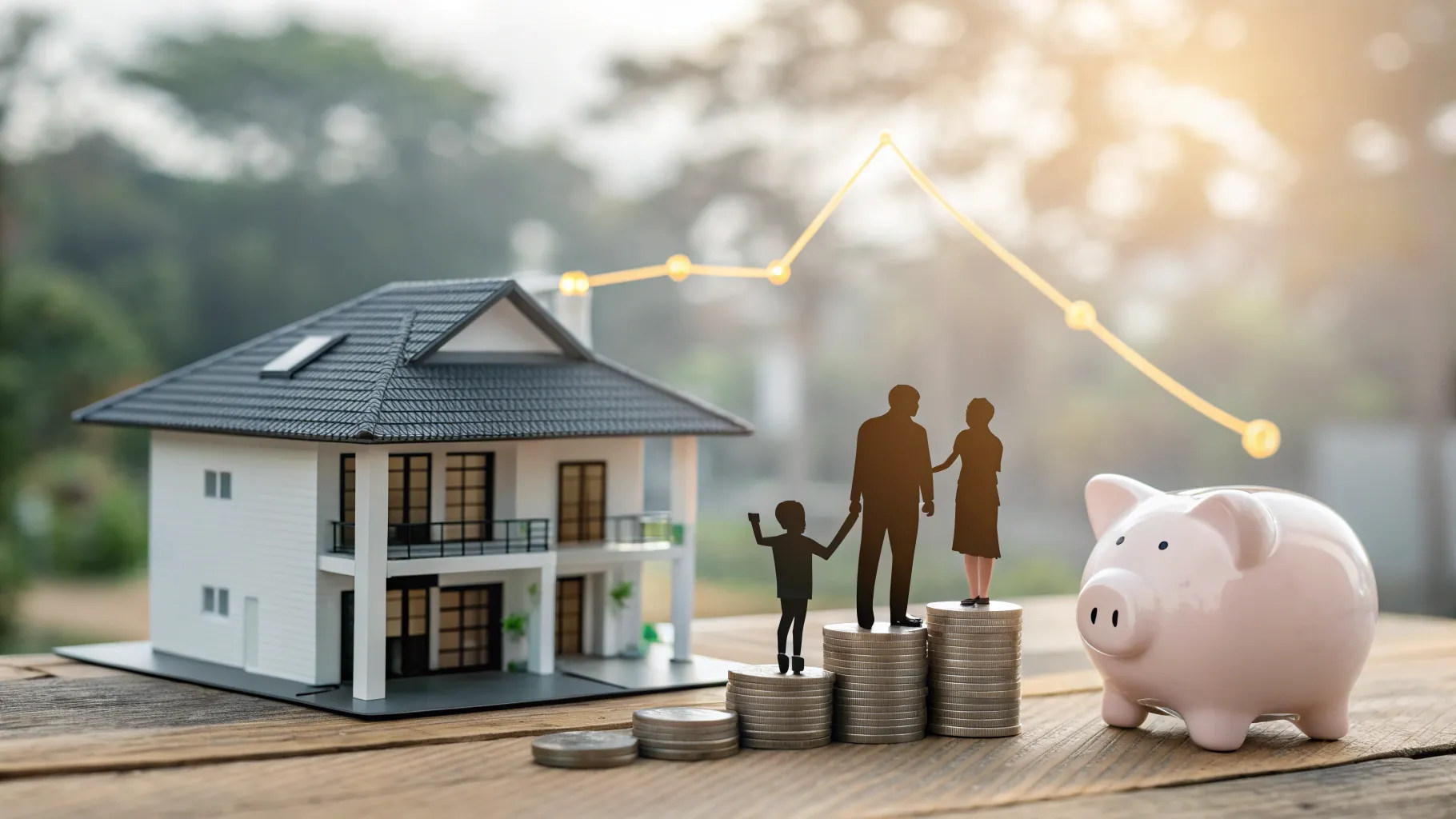 日銀の利上げを象徴するイメージ：家族と住宅、積み上がる円貨、上昇する金色のグラフライン、冬の街並み