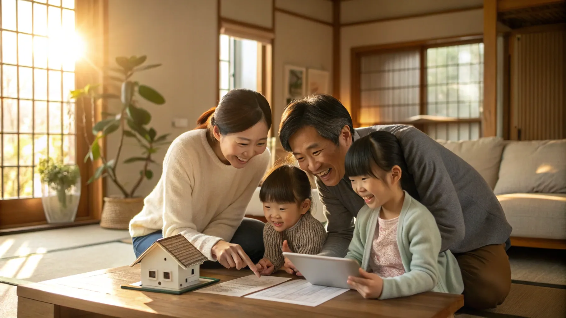 リビングで家の模型を囲み、若い夫婦と子ども、祖父母、相談者が和やかに話し合い、手を添えて家族の支えと安心を表す写真風の場面。書類やタブレットの文字は読み取れないようぼかされている。