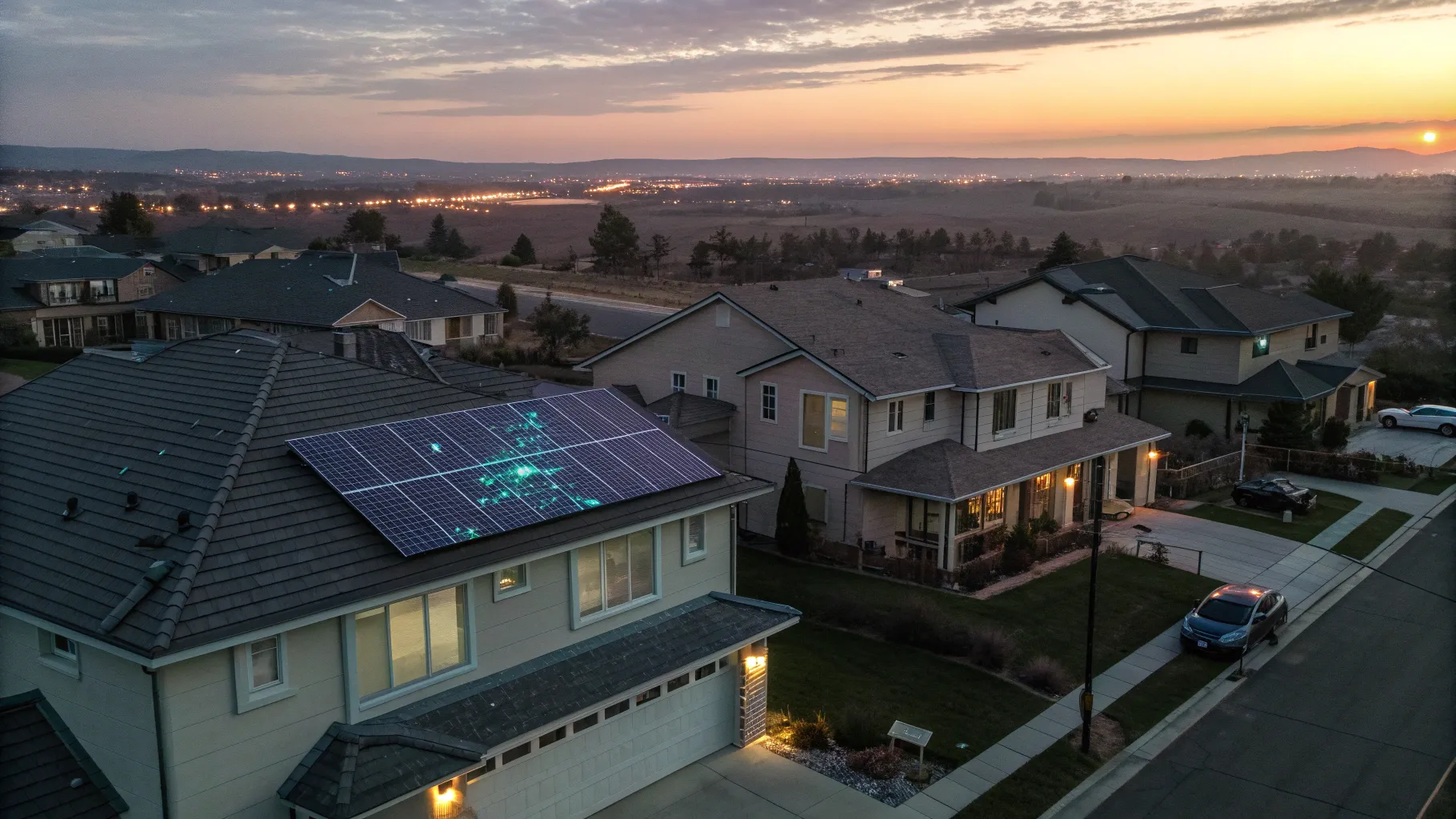 住宅街の屋根に設置された太陽光パネルと、パネルから伸びる光るネットワークラインや影のハッカーを描いたセキュリティリスクの概念イメージ（文字なし）