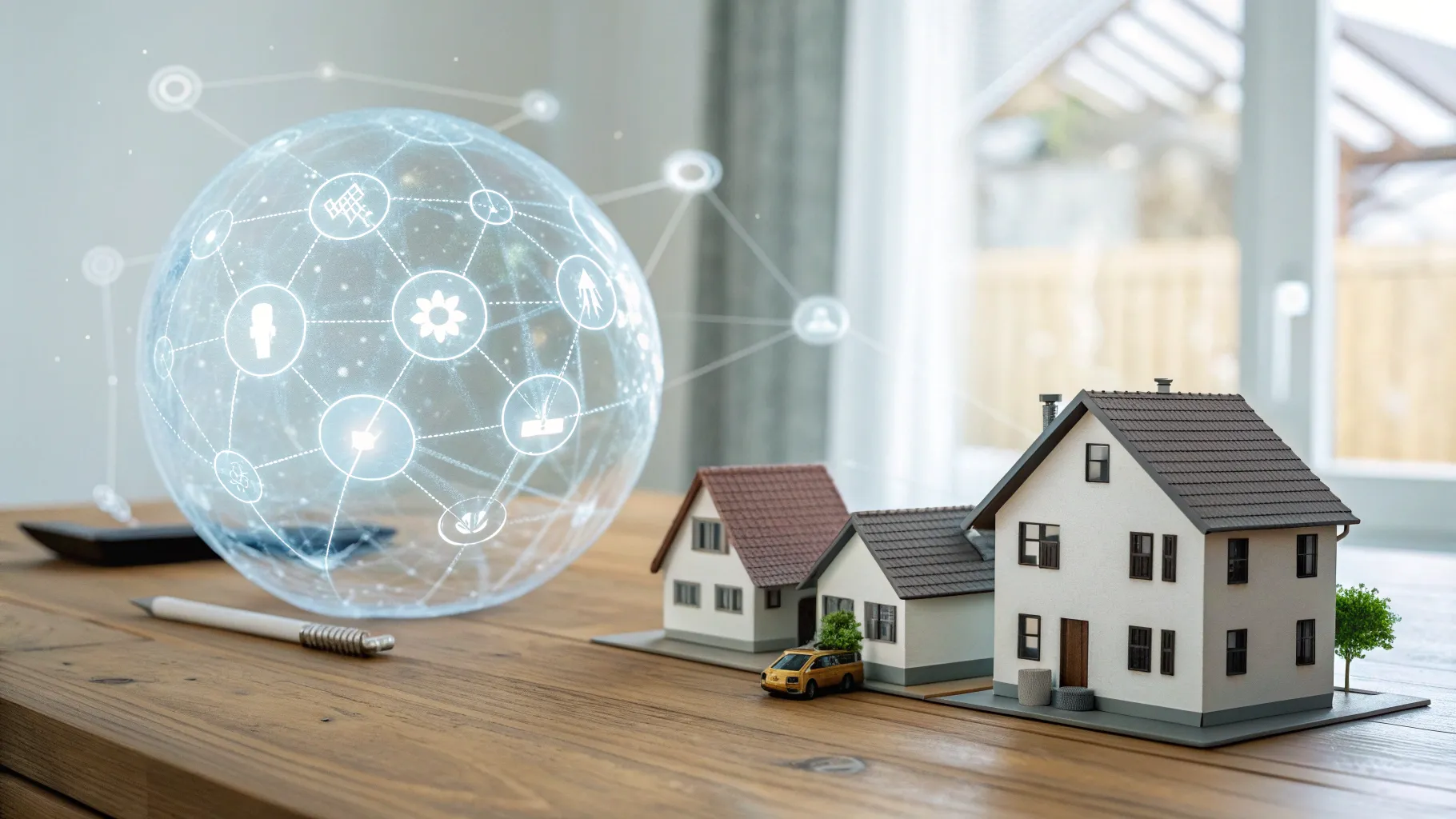 AIがホログラムで住宅モデルとアイコンをつなぎ、寒さ・カビ・子どもの健康など顧客の不安と、安全・快適さなどの欲求を可視化するイメージ