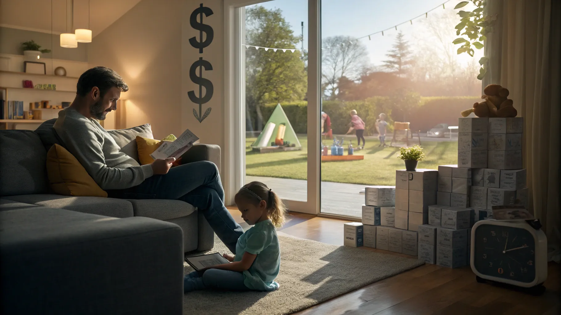 リビングで親子が穏やかに過ごす暖かな場面と、家の片側に重くのしかかるように表現された住宅ローンや時間の重みを象徴する暗い影や時計のモチーフが対比する写真風イメージ（文字なし）