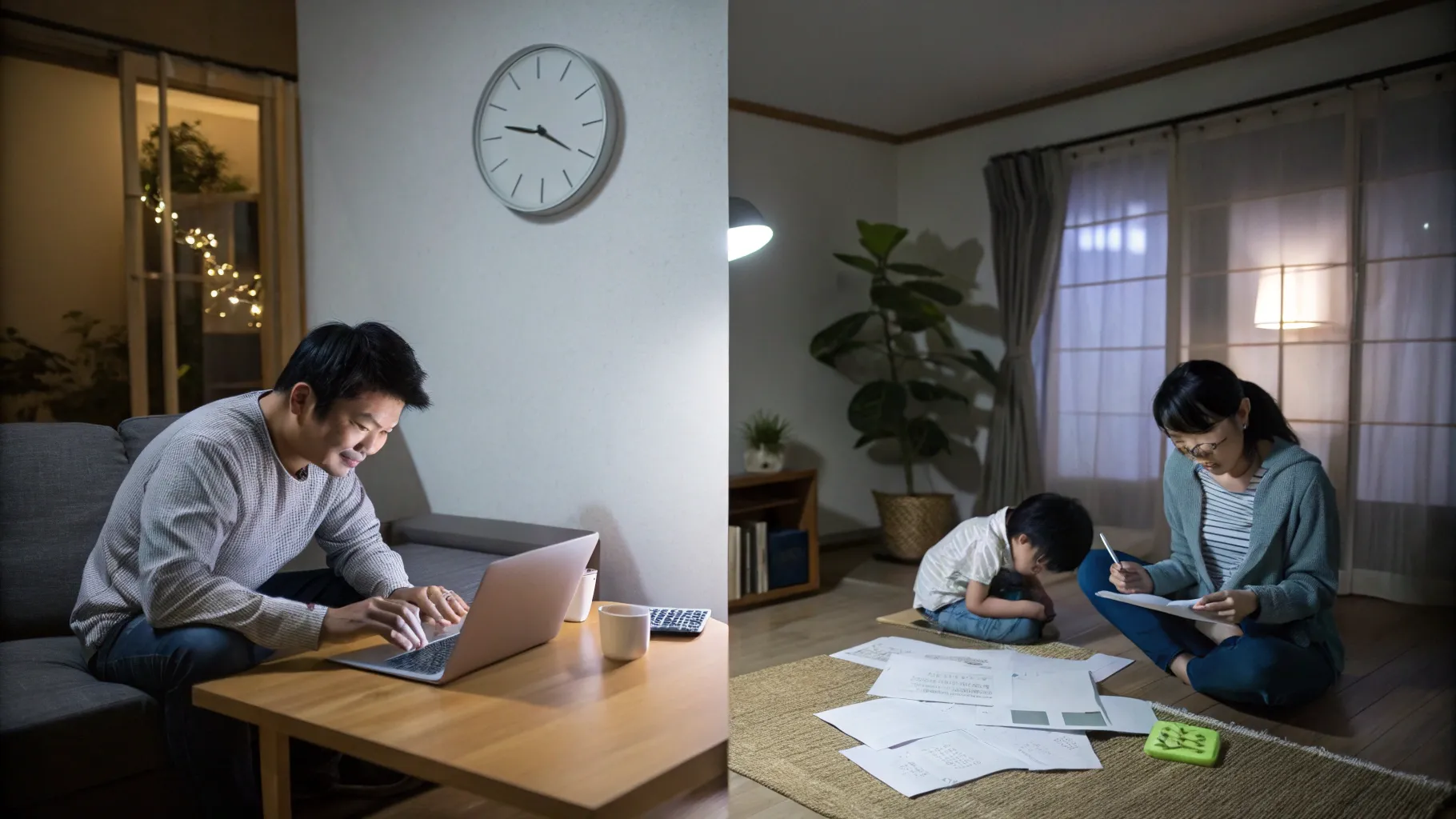 ローンに追われ疲れた暗い家庭と、余裕のある明るく穏やかな家庭を対比した二分割の情景