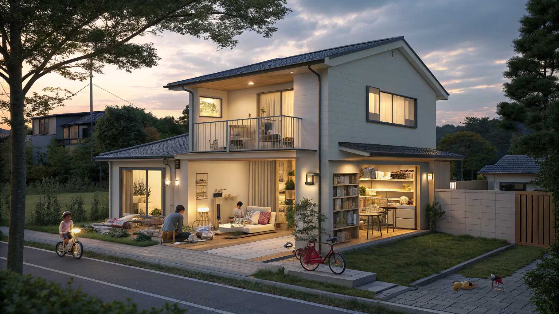 二世帯と賃貸スペースを併せ持つ現代的な住宅の断面イメージ。家族の温かい居間と独立した賃貸ユニットが並ぶ夕暮れの住宅風景。