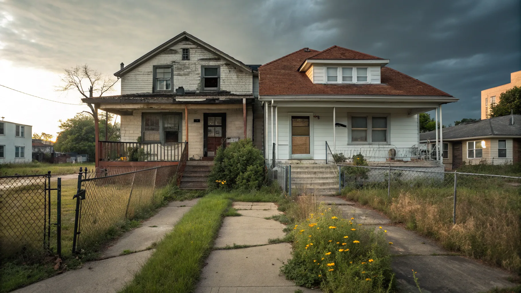 放置された空き家（雑草、チラシ、錆びた門）と再生された明るい家（花、コミュニティガーデン、人々）が一つの家で対比する風景
